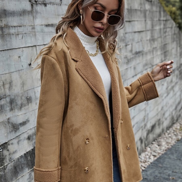 shearling lined vegan suede trench pea coat camel - Picture 7 of 7